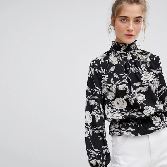 Parisian high neck black and white floral long-sleeve blouse - Picture 1 of 4